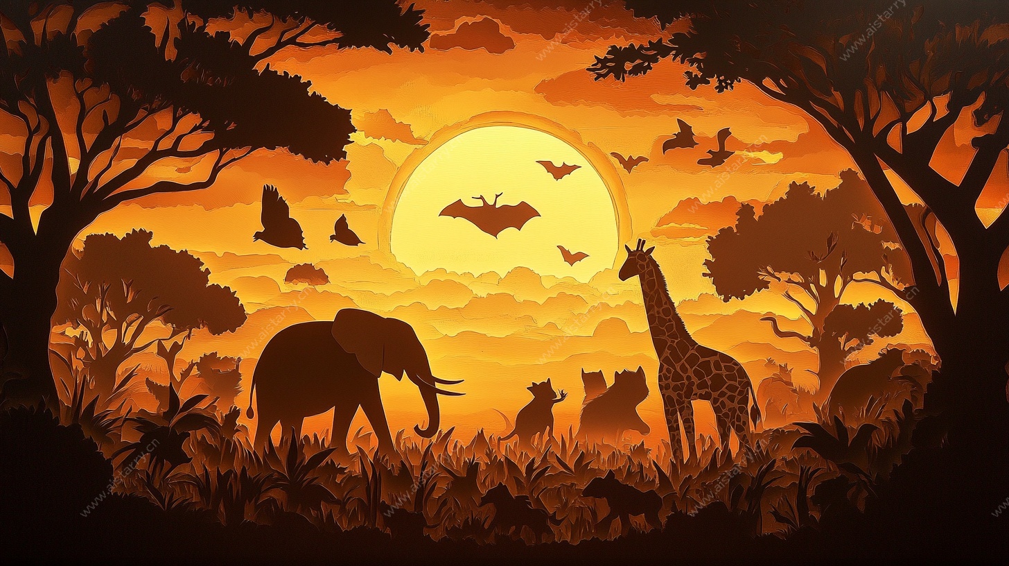 非洲草原黄昏动物剪影