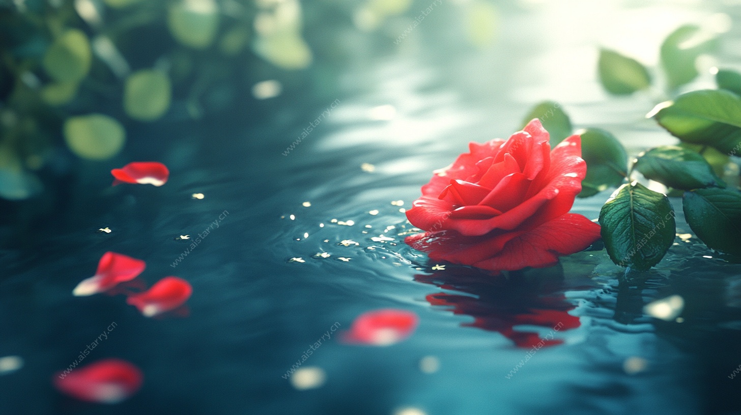 水中红玫瑰 浪漫诗意画面