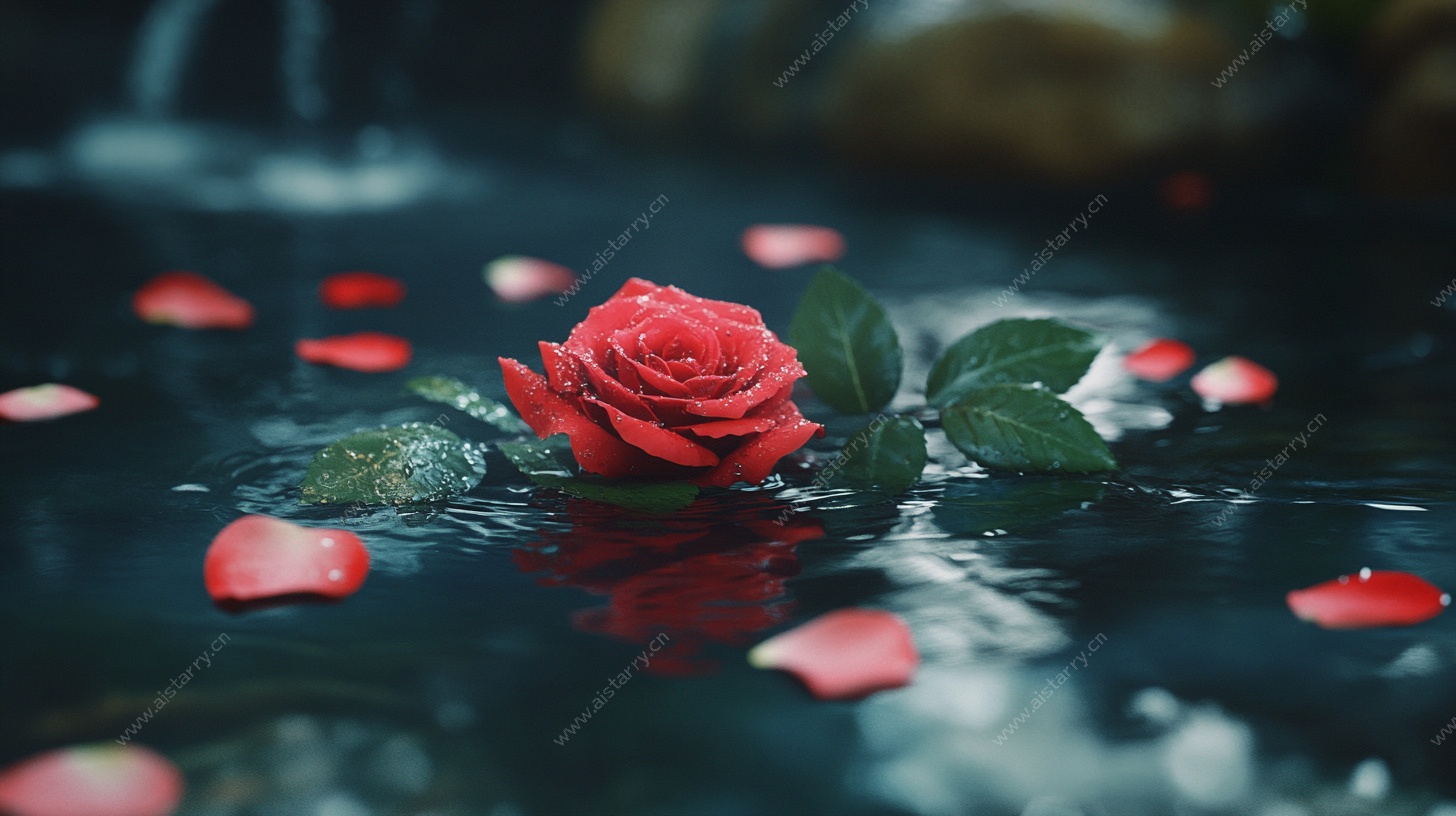 水中红玫瑰与散落花瓣