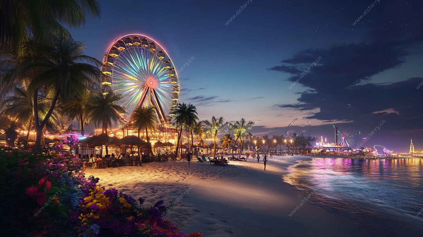海滨浪漫夜景摩天轮风光
