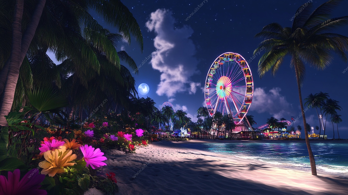 海滩夜景下的梦幻摩天轮