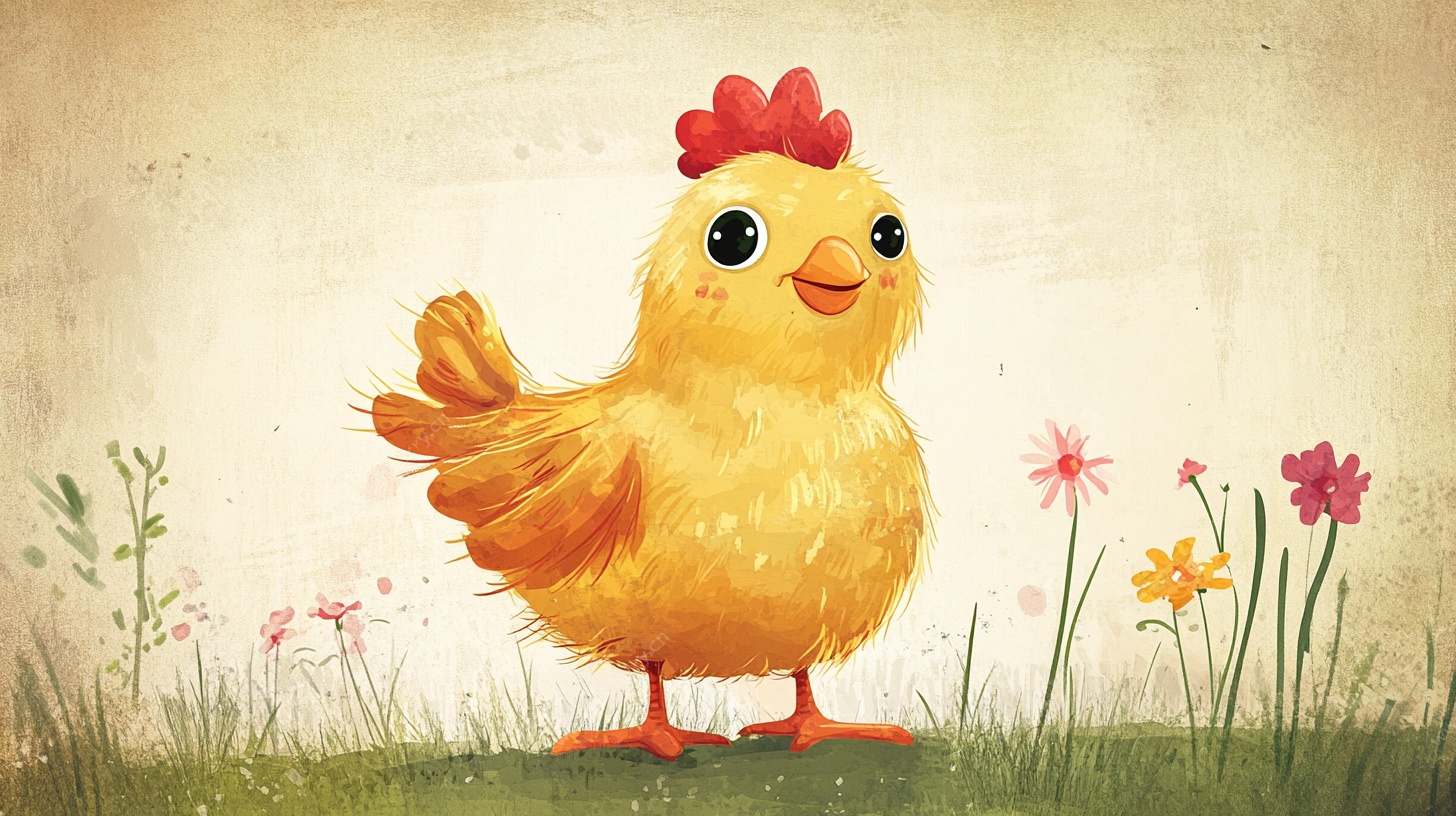 可爱小黄鸡站在花丛边