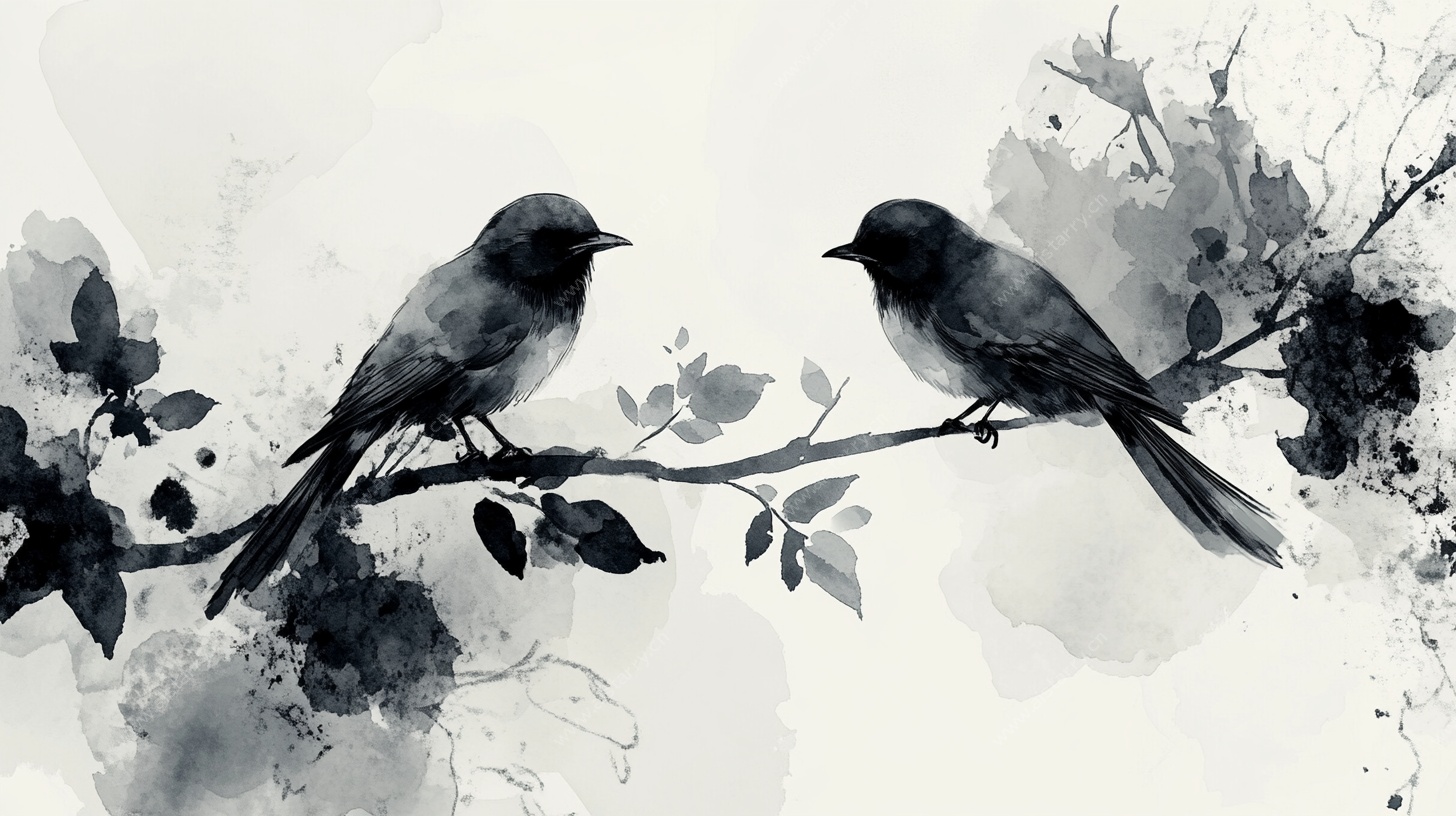水墨双鸟栖枝图