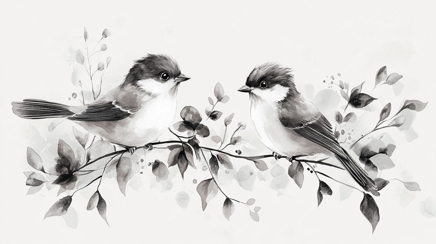 水墨双鸟栖枝图