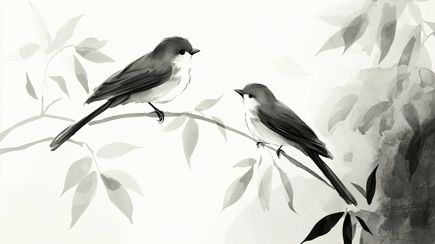 水墨双鸟栖枝图