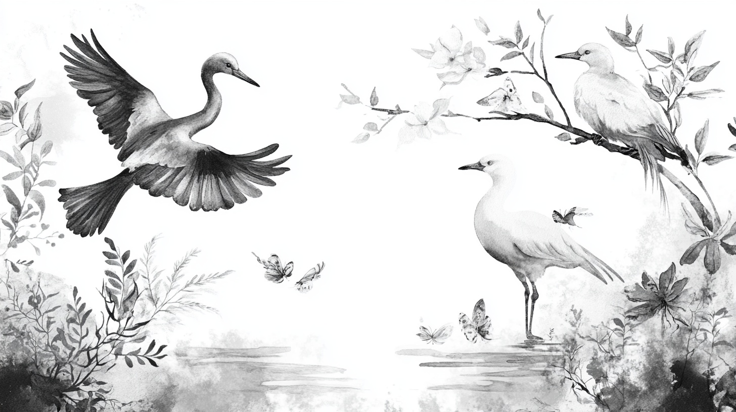 水墨风飞鸟与植物图景