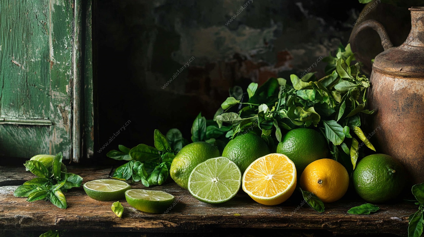 复古风青柠柠檬静物摆拍