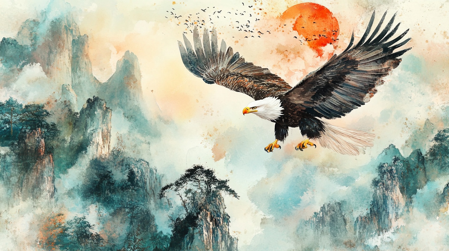 水墨雄鹰翱翔山水间