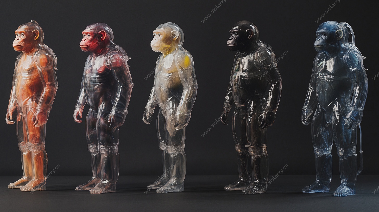 多彩透明猿形雕塑展示