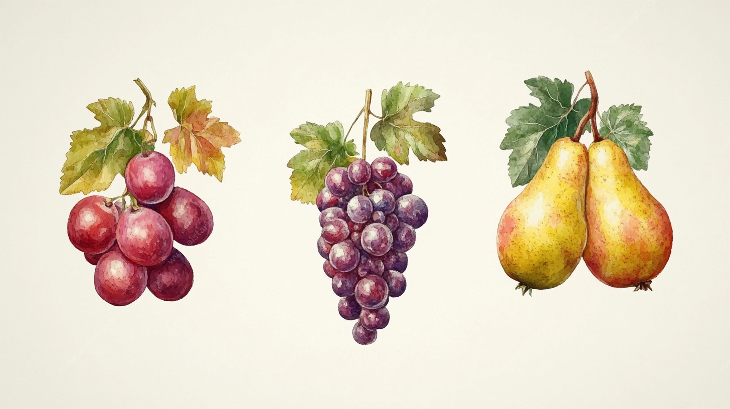 手绘水果插画 葡萄与梨