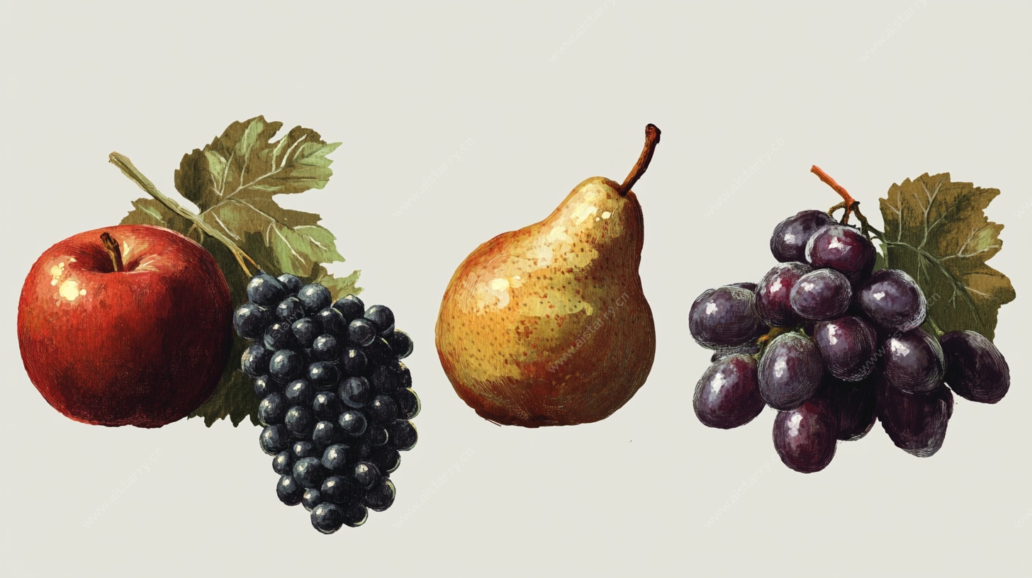 水果插画 苹果梨与葡萄