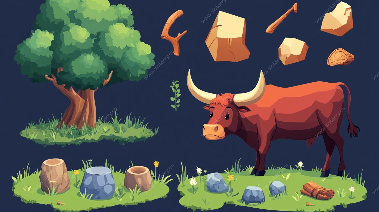 野外公牛与自然元素插画