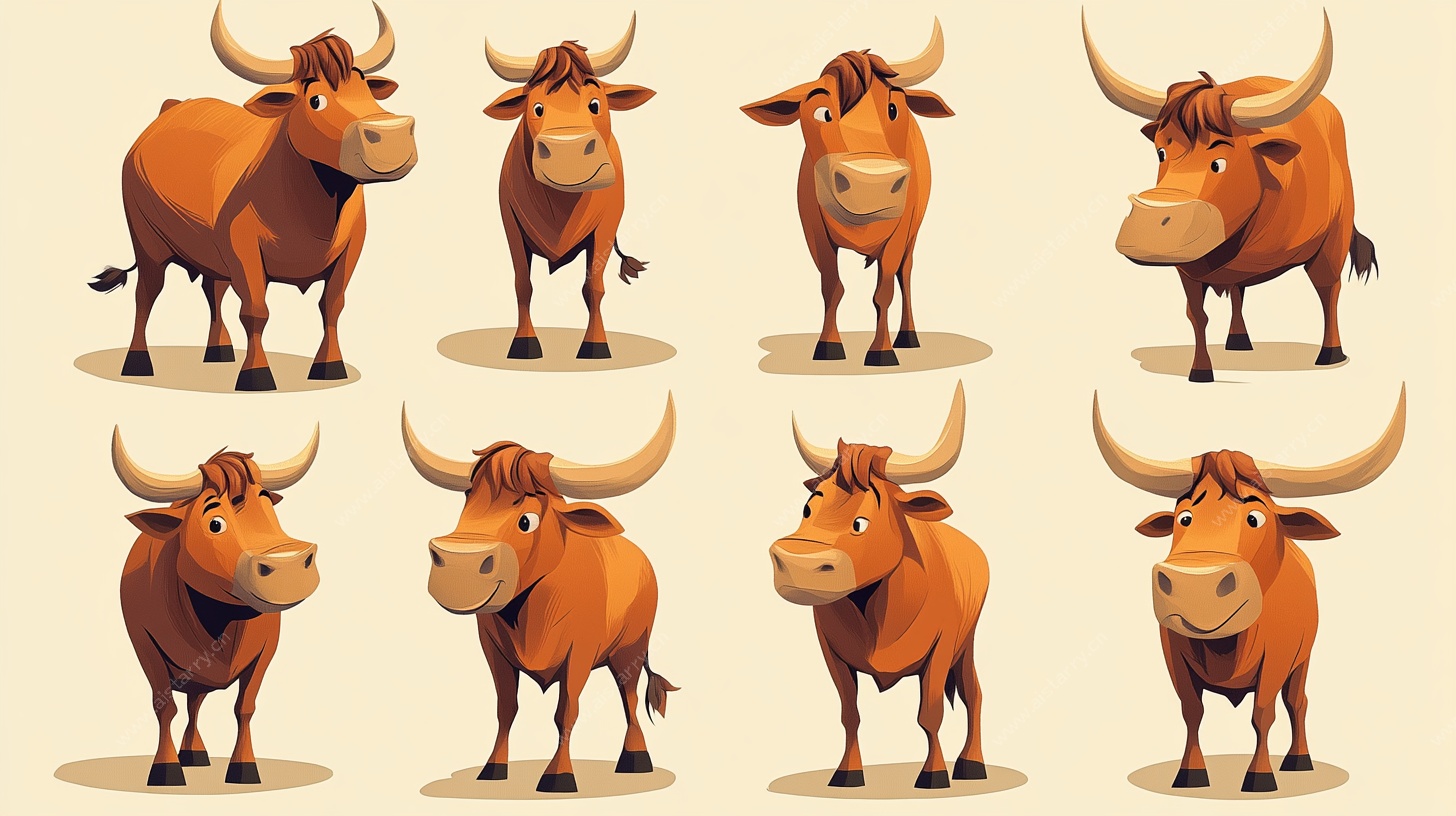 卡通牛角色多样姿态展示