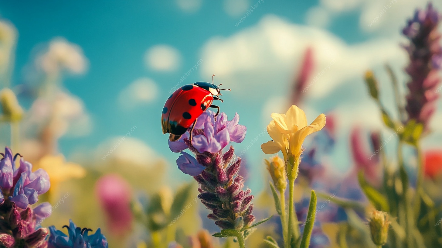 瓢虫栖于缤纷花丛中