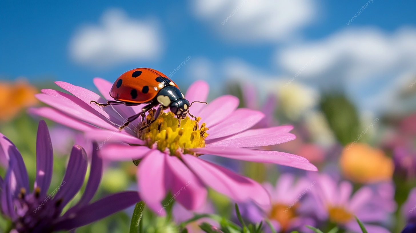 瓢虫停留在粉紫色花朵上