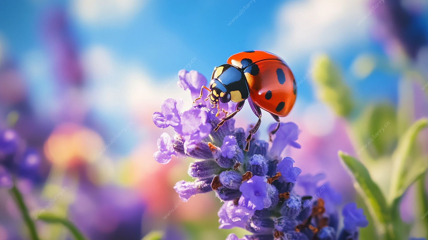 瓢虫停驻紫色薰衣草上