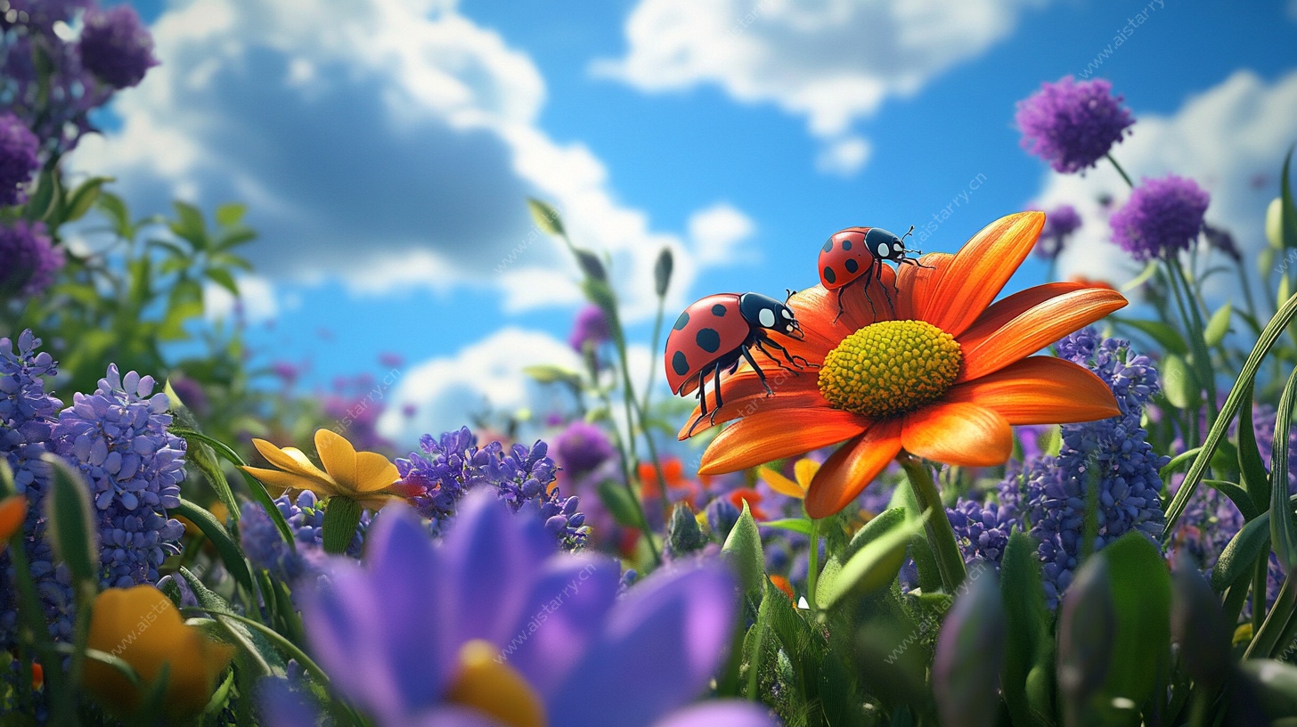 春日花丛中的瓢虫美景