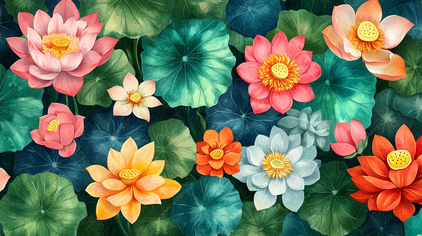 多彩荷花荷叶图案背景