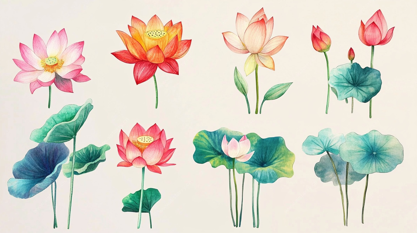 水彩风荷花荷叶插画集合