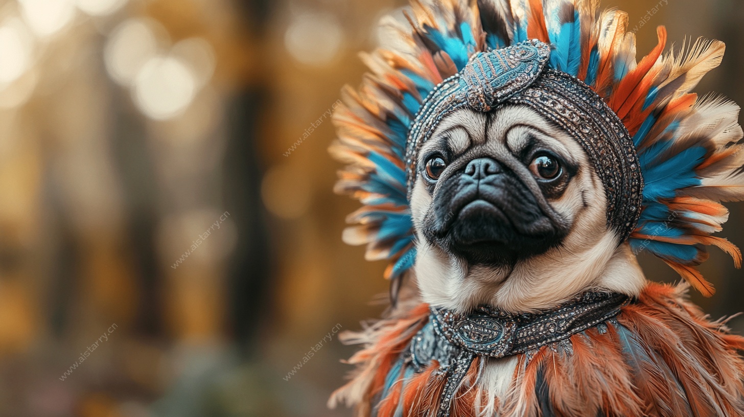 戴印第安头饰的可爱巴哥犬