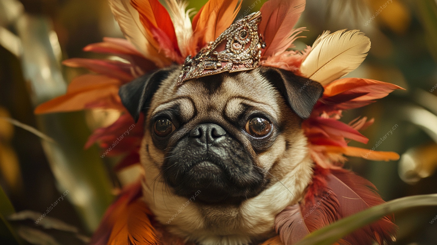 戴着华丽头饰的巴哥犬