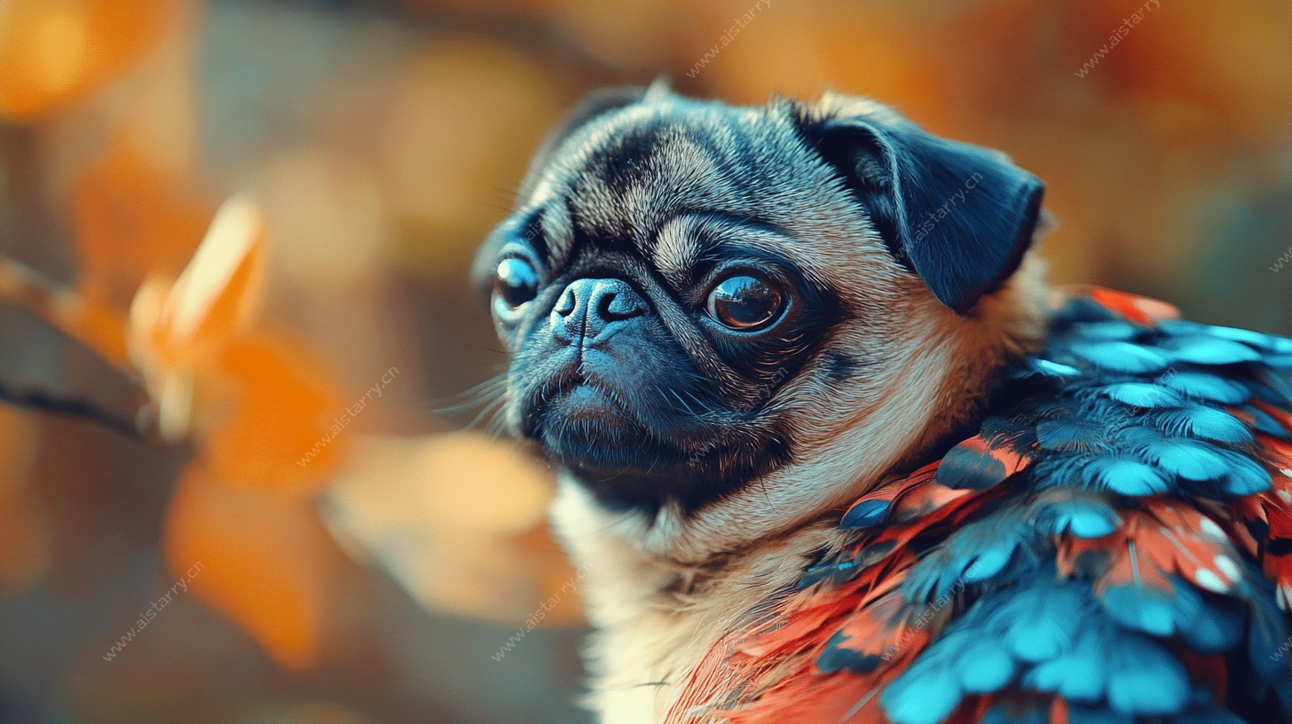 羽毛装饰的哈巴狗特写