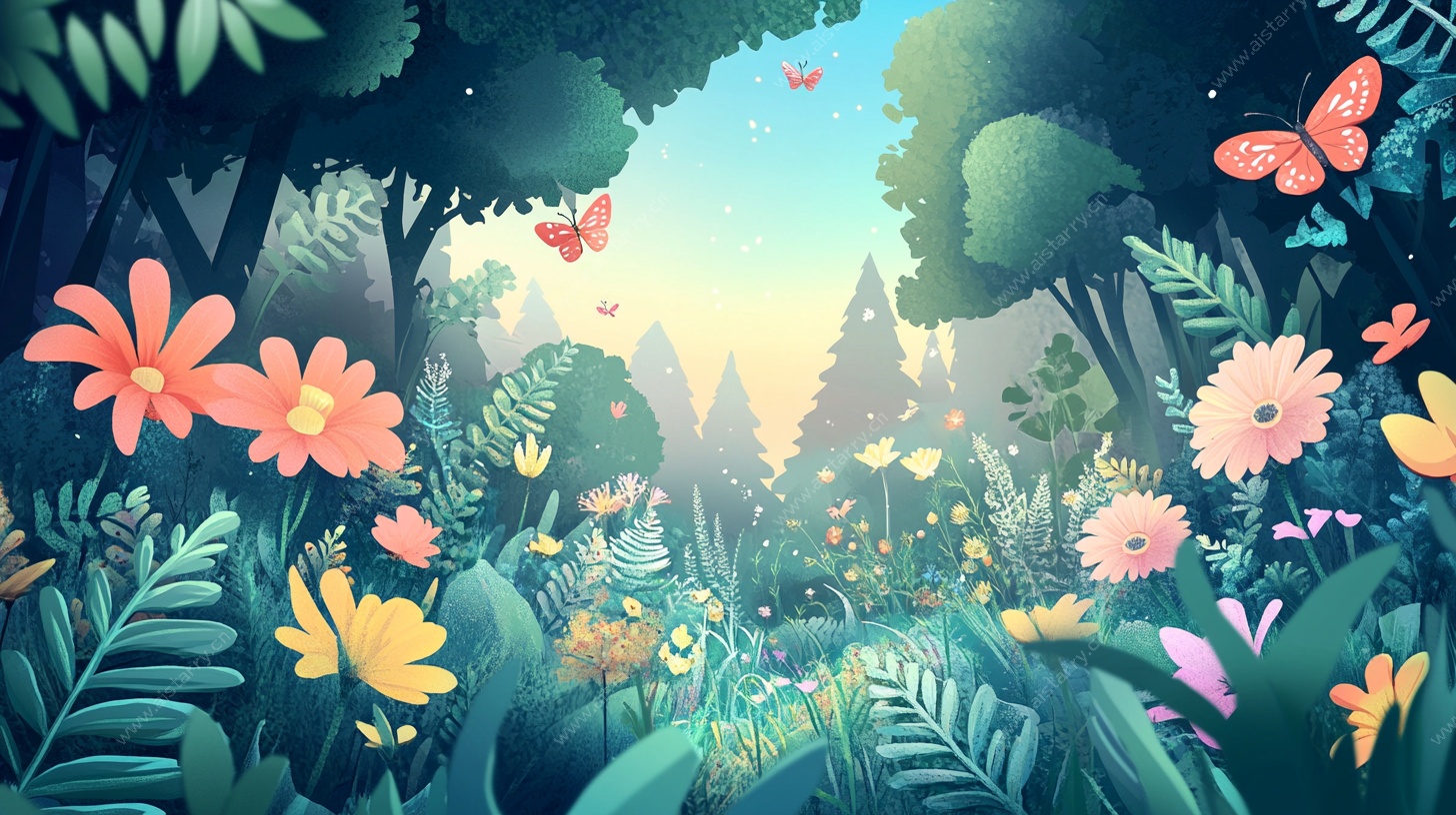 梦幻森林花丛蝴蝶插画