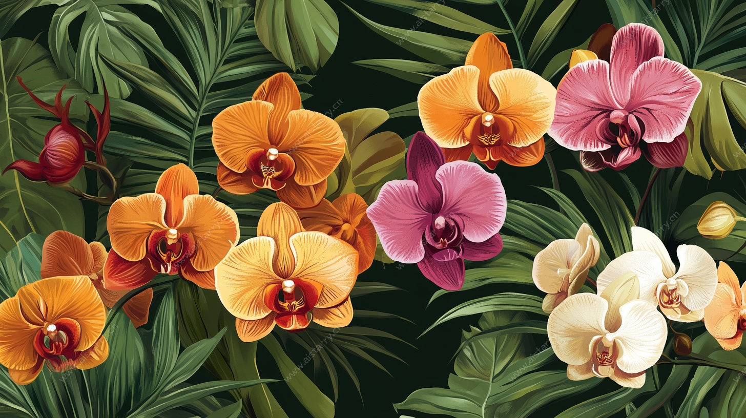 多彩蝴蝶兰与繁茂绿叶图