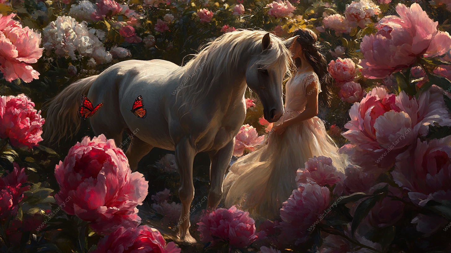 花中少女与白马的梦幻邂逅