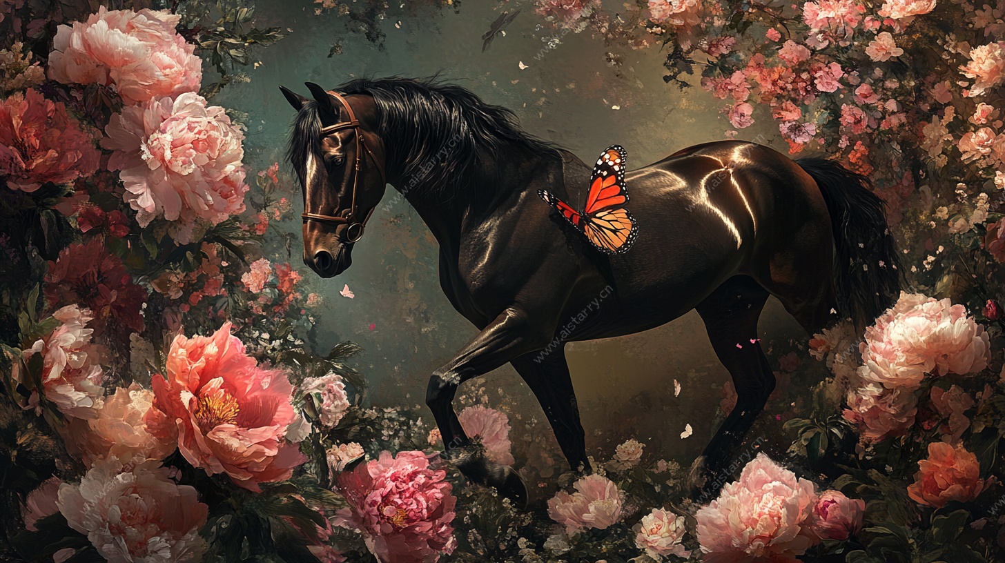 梦幻花中骏马图