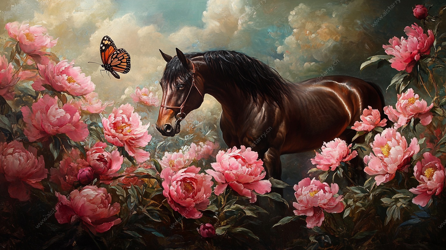 骏马戏蝶于繁花间