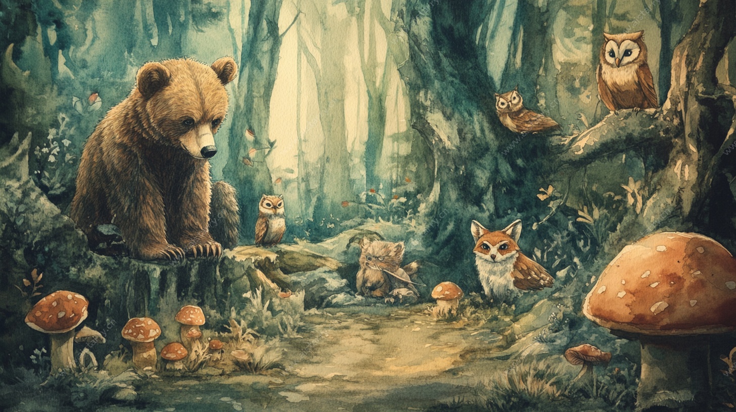 森林中的动物奇幻聚会