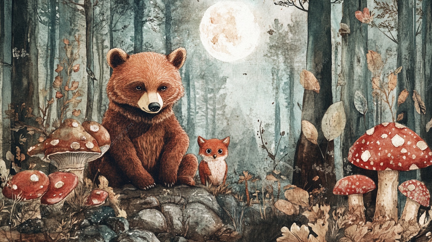 月夜森林中的动物伙伴