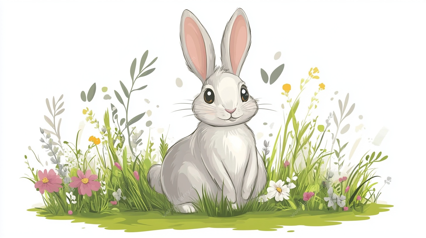 草地上的可爱兔子插画