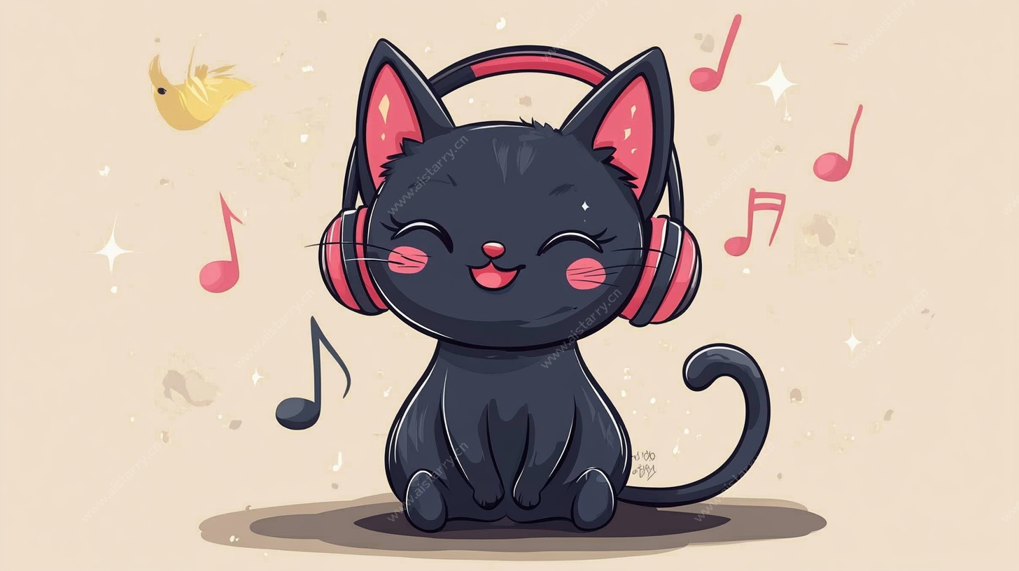 黑猫戴耳机享受音乐时光