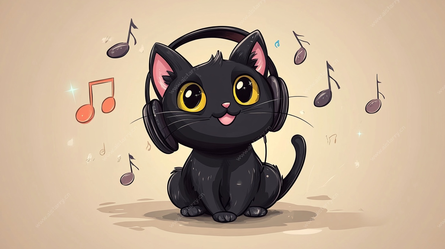 黑猫戴耳机享受音乐时刻
