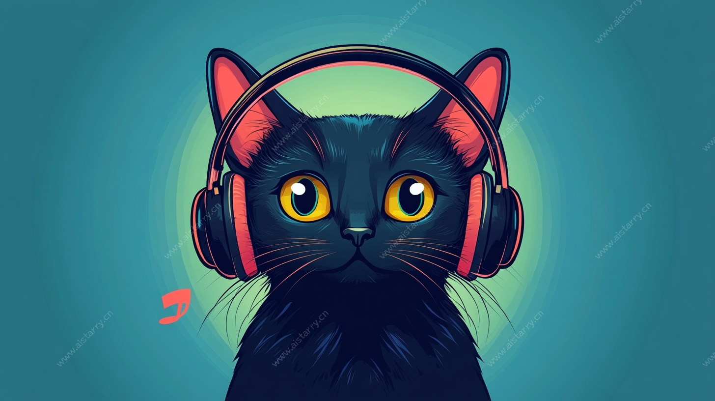 戴耳机的黑猫插画