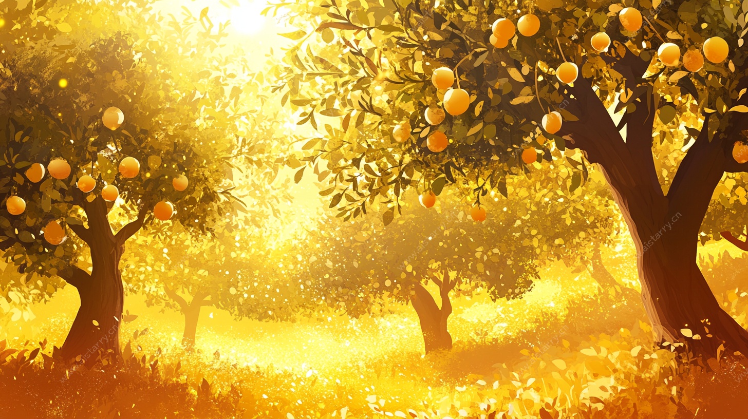 阳光照耀下的金色橘子林