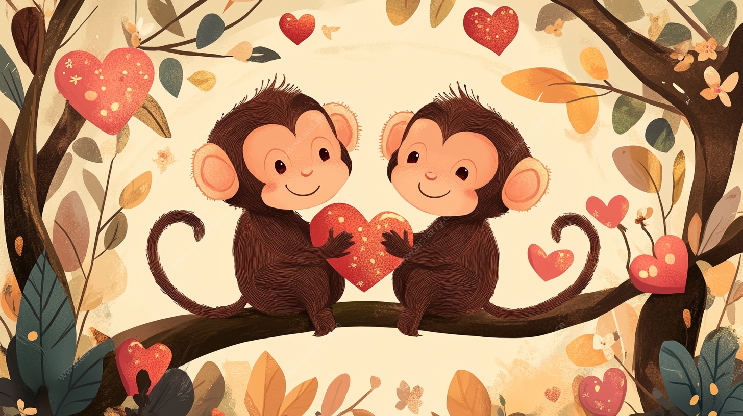 猴子情侣共捧爱心插画