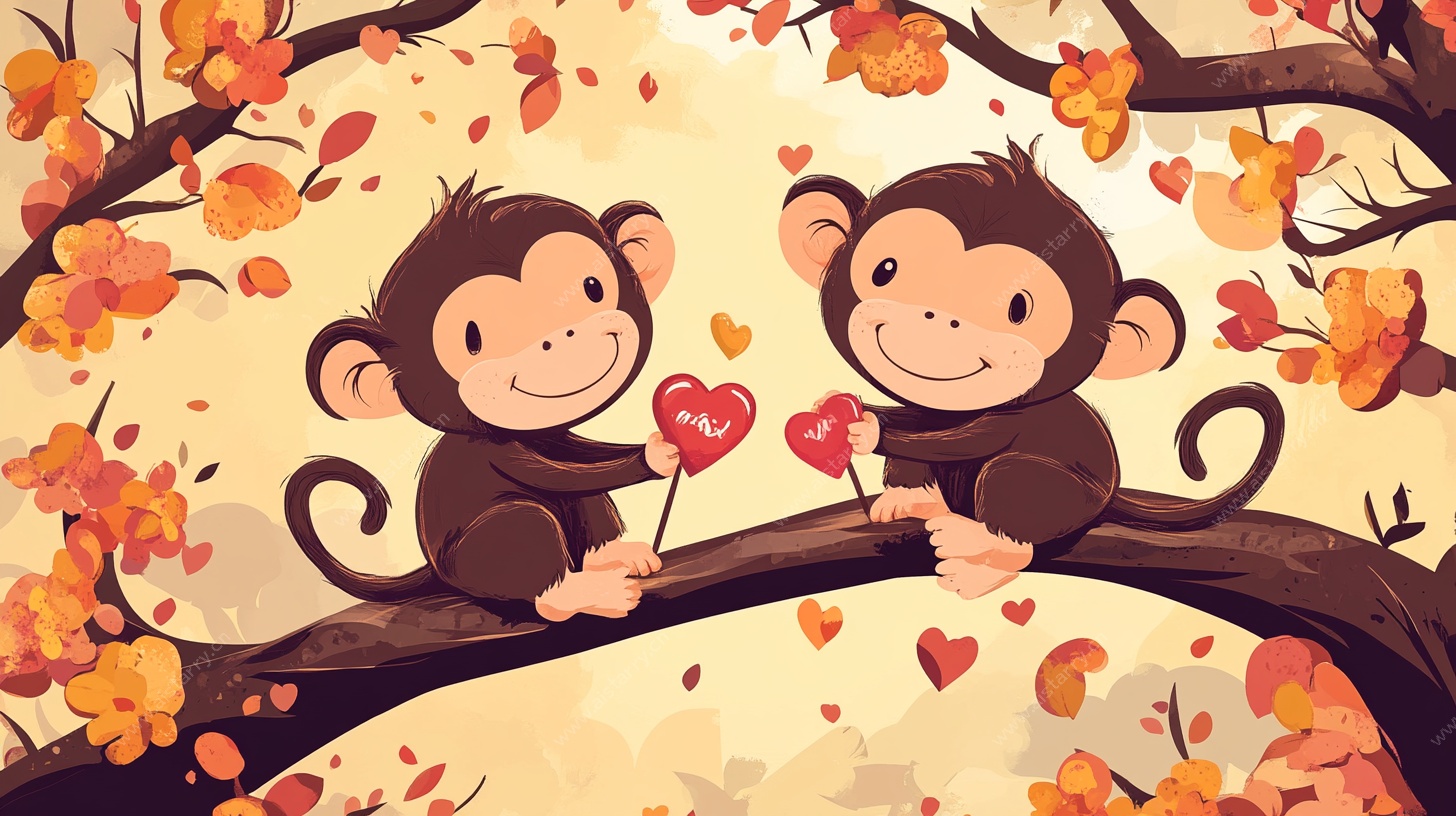 两只小猴甜蜜爱心相伴