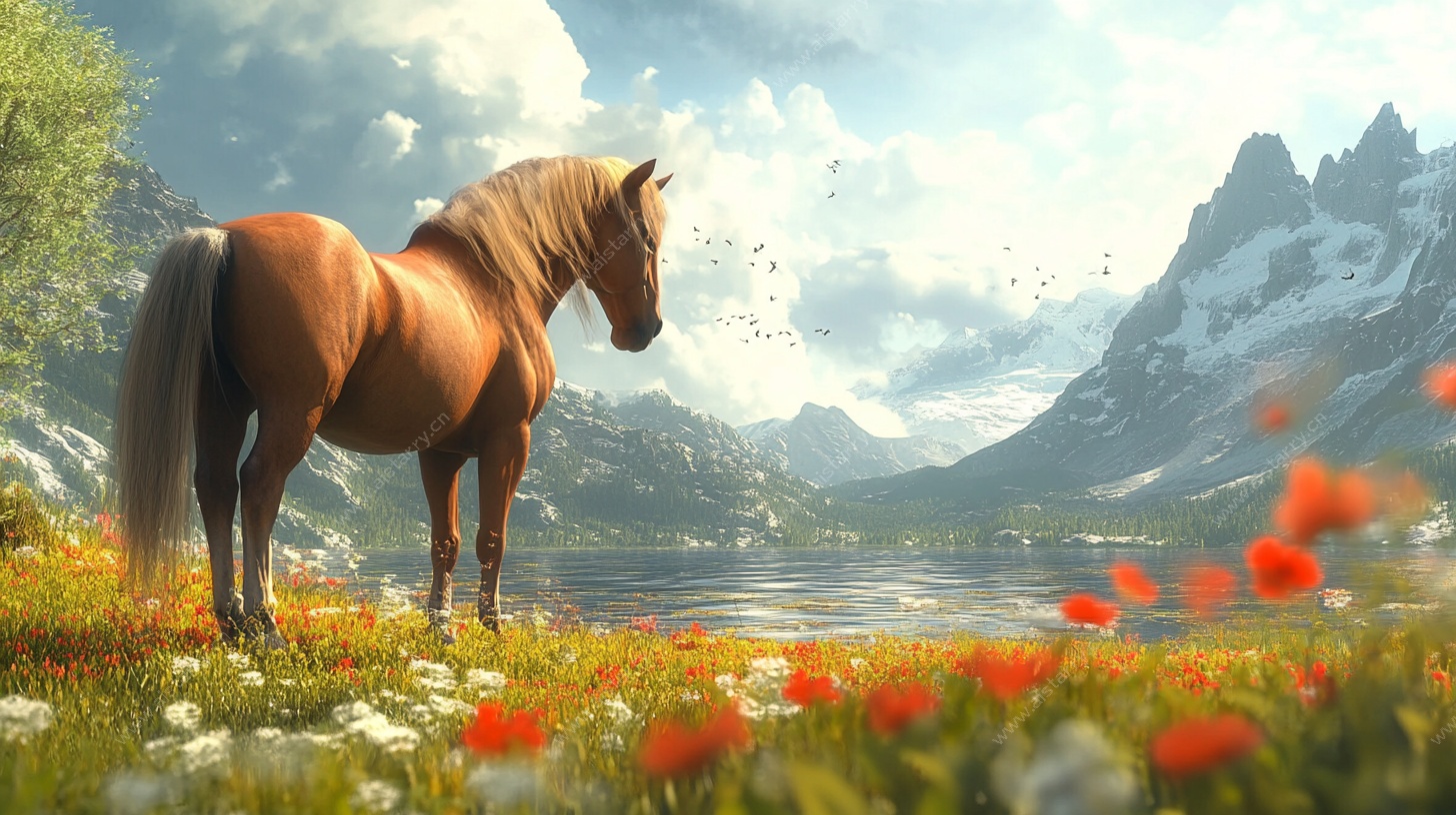 草原骏马赏湖山美景