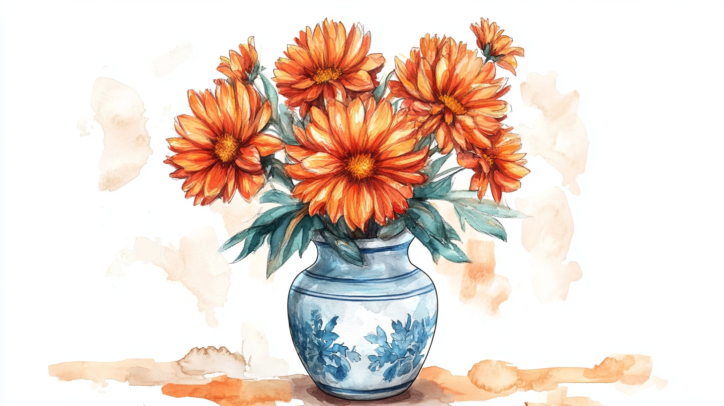 青花瓷瓶插橙菊水彩画