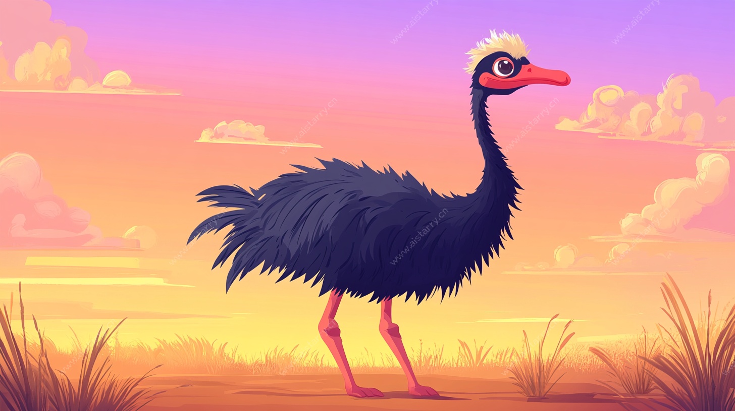 站在夕阳下的卡通鸵鸟