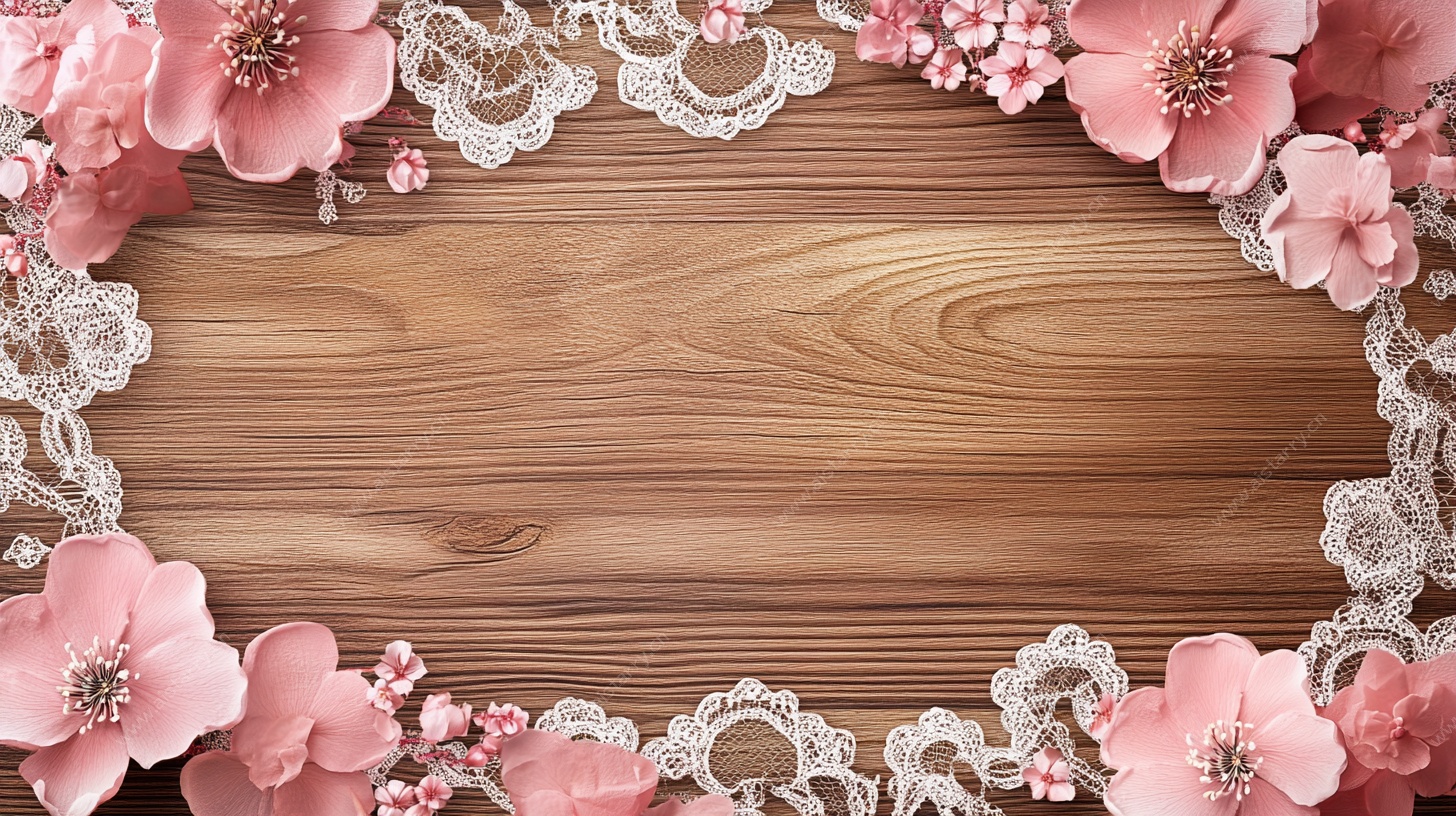 粉色花朵蕾丝木质背景图
