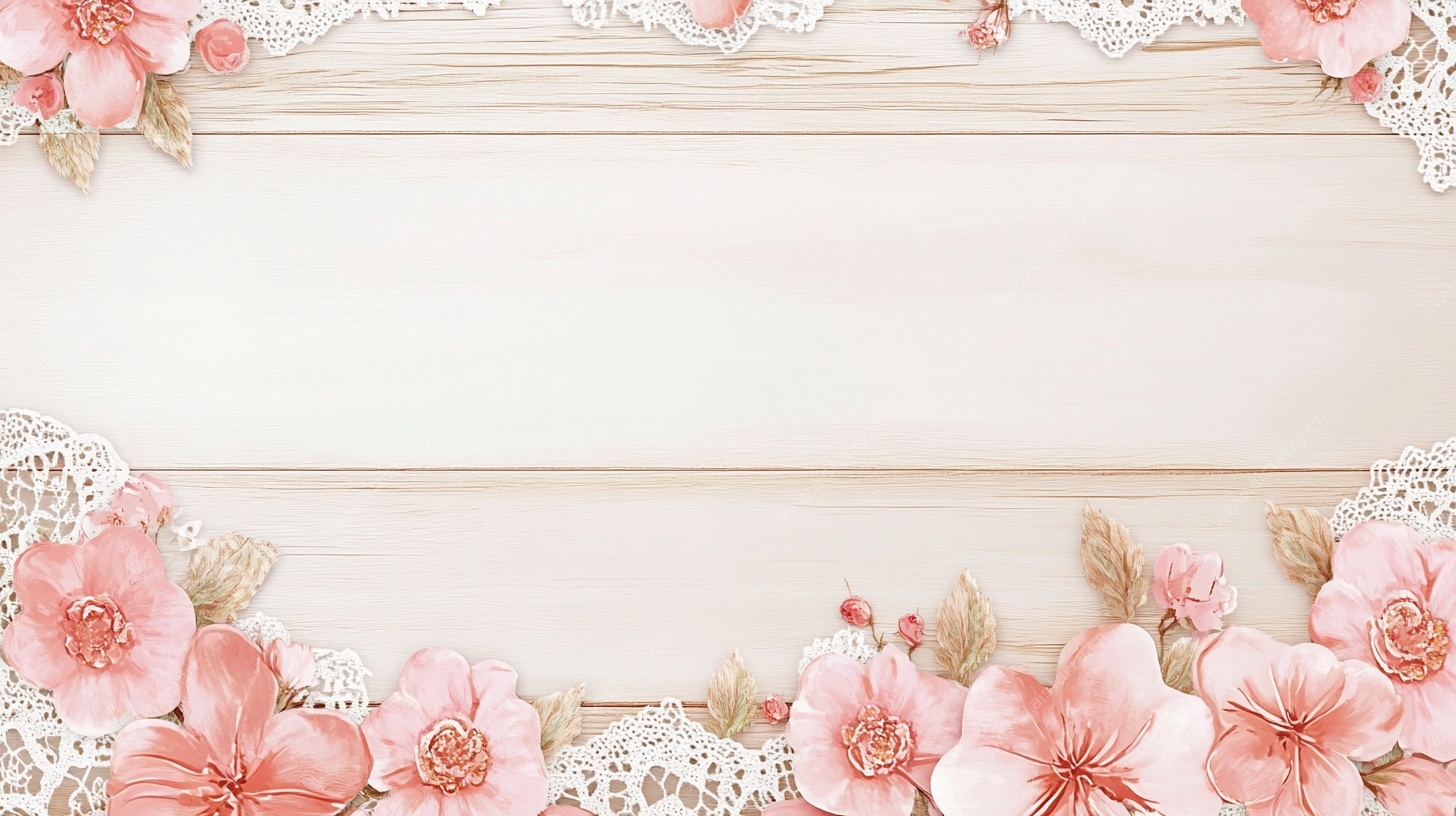 粉色花卉蕾丝木质背景图