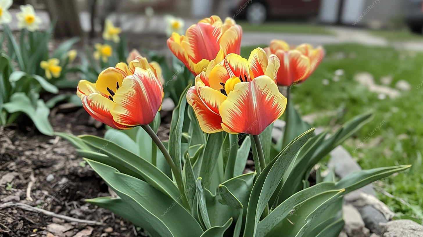 多彩郁金香绽放庭院