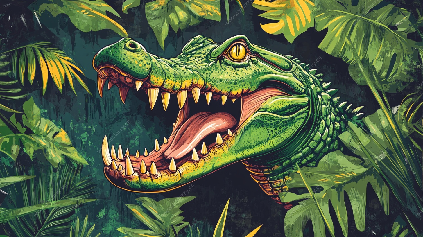 丛林中咆哮的鳄鱼插画