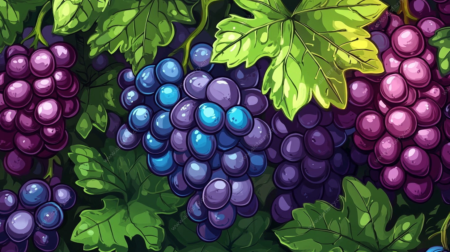 手绘紫蓝葡萄与绿叶图案