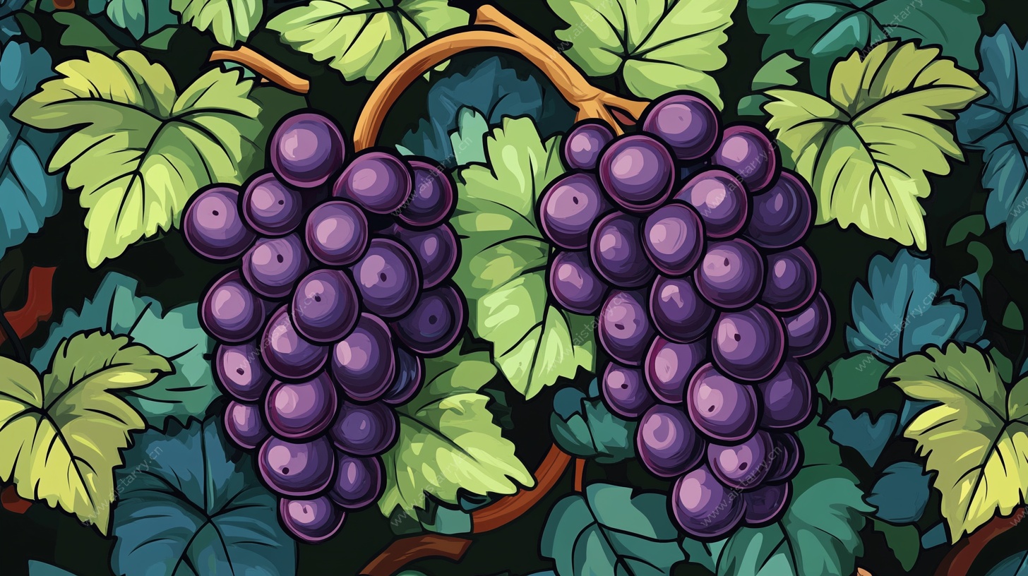 手绘紫葡萄与绿叶图案