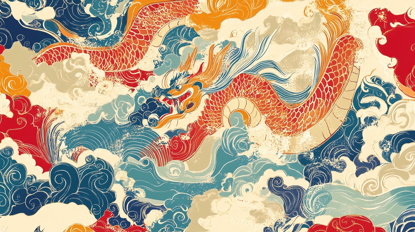 中式龙纹海浪复古图案